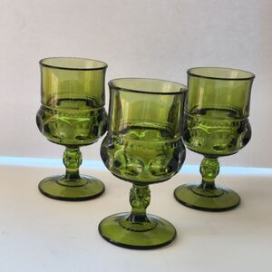 Vintage Indiana Glass Kings Crown Thumbprint Green Stemmed Glasses, Set Of 3
